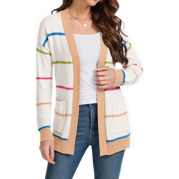 Women's Lightweight Knit Cardigan Open Front Long Sleeve Casual Striped Pockets - Picture 3 of 7